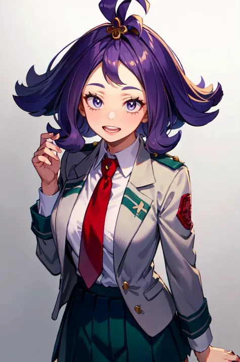 <lora:Acerola_Pokemon:0.8> acerola (pokemon), purple eyes, purple hair, topknot, flipped hair,  naughty face, smile, (hitodama:1.3), <lora:attire_uauniforms:1> u.a. school uniform, grey jacket, red necktie, green skirt,, absurdres, ultra detailed, masterpiece, best quality, aesthetic, detailed,