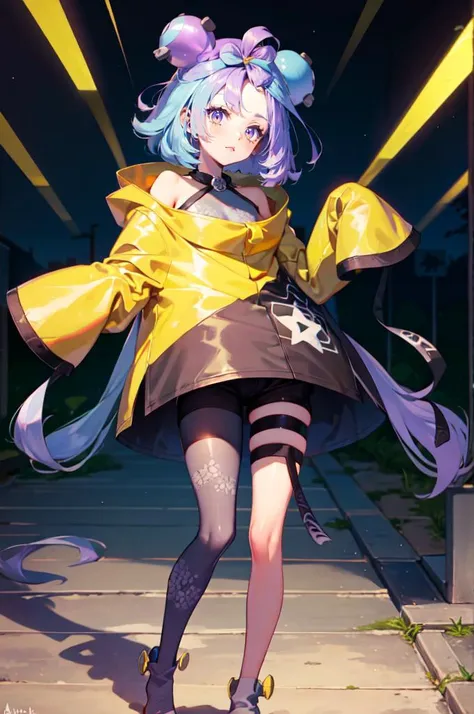 <lora:Acerola_Pokemon:0.8> acerola (pokemon), purple eyes, purple hair, topknot, flipped hair,   <lora:iono_outfit:1> iono_outfit, oversized clothing, jacket, yellow jacket, wide sleeves, sleeves past wrists, black shorts, grey pantyhose, boots, single leg pantyhose, thigh strap,, absurdres, ultra detailed, masterpiece, best quality, aesthetic, detailed,