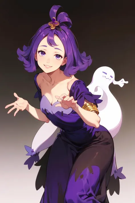 <lora:Acerola_Pokemon:0.8> acerola (pokemon), purple eyes, purple hair, topknot, flipped hair, collarbone, purple dress, sleeves, stitches,  multicolored dress, armlet,
smile, ghost pose, hands up,  leaning forward, straight-on,  <lora:Feguimel [MockAi - v1.0]:0.8> feguimel, soft shading, realistic proportions,, absurdres, ultra detailed, masterpiece, best quality, aesthetic, detailed,