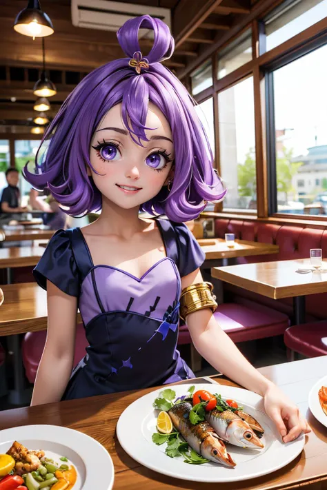 acerola, purple hair, purple eyes, topknot, purple dress, sleeves, stitches, multicolored dress, armlet, collarbone,looking at viewer, smiling, happy, teeth, sitting, behind a table, inside restaurant, table full of food, grilled fish, vegetables, high quality, masterpiece, <lora:Acerola_Pokemon:.7>