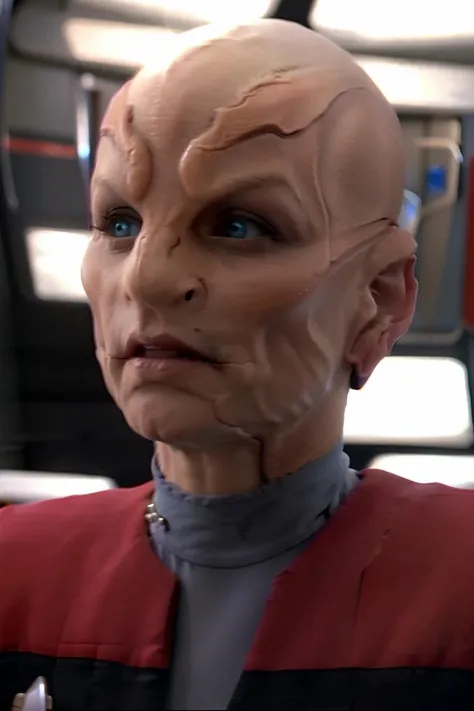 headshot of a kelpien woman, Emilia Clarke, alien, bald, blue eyes, tunic, starship interior,  sharp focus,  <lora:race_st_kelpien:0.9>