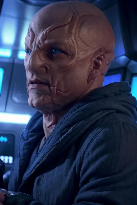 headshot of a kelpien man, bald, Tom Hanks, alien, blue eyes, robes, hood up, starship interior, sharp focus, <lora:race_st_kelpien:0.8>