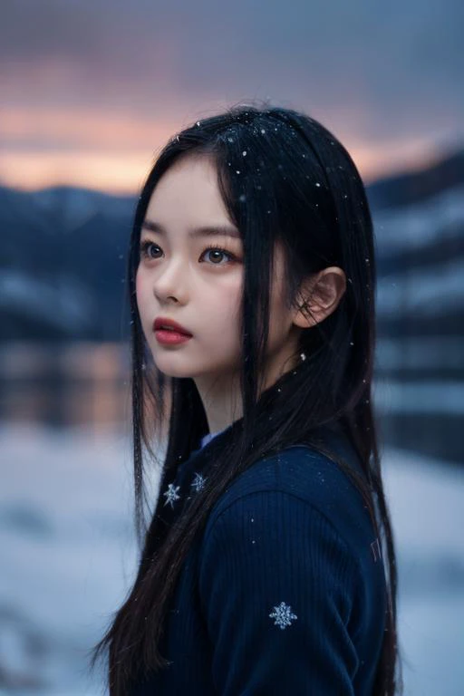 Best quality, 8k, perfect lighting, masterpiece, ultra high res, (photorealistic:1.4), raw photo,1girl, solo, realistic, looking at viewer, upper body, detailed arctic background, dark red winter clothes, dynamic pose, snow, snowflakes, night, aurora sky, detailed oily skin, red lips,