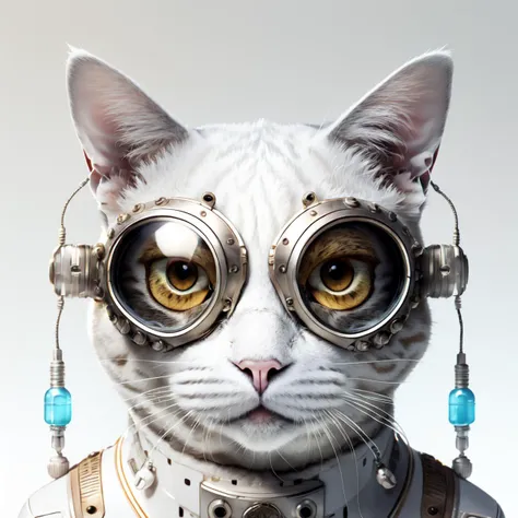 <lora:m0in:1> cat portrait with transparent goggles wearing cybersuit in the style of m01n over white background