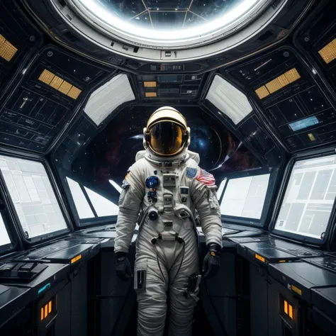 (masterpiece, best quality), <lora:m01n:1> m01n, cyber space suit, astronaut, cyber futuristic devices, in the middle of a futuristic space station, white space station with black lines, golden details, nihilism, space theme, intergalactic, intricate, space odyssey, sharp edges, cyber architecture,  <lora:add_detail:0.7>