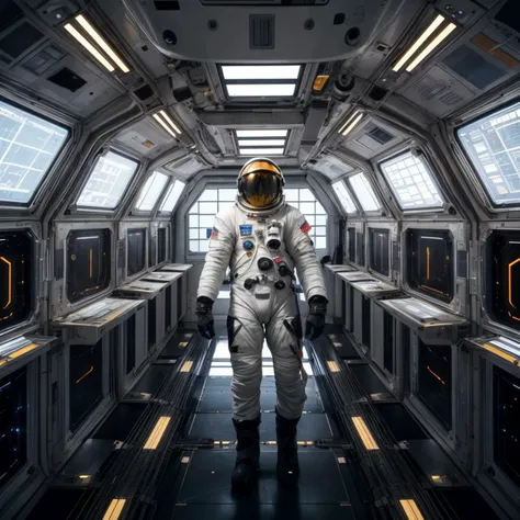 (masterpiece, best quality), <lora:m01n:1> m01n, cyber space suit, astronaut, cyber futuristic devices, in the middle of a futuristic space station, white space station with black lines, golden details, nihilism, space theme, intergalactic, intricate, space odyssey, sharp edges, cyber architecture, <lora:add_detail:0.7>