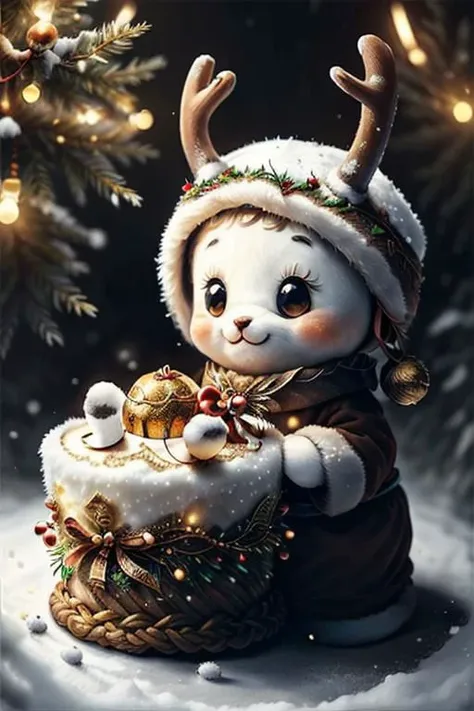 ,Little reindeer eats a panettone