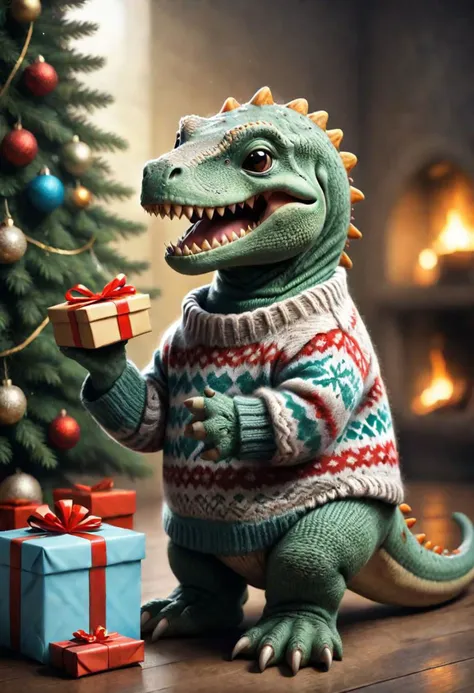 The little smiling t-rex with a sweater is happy to receive a gift