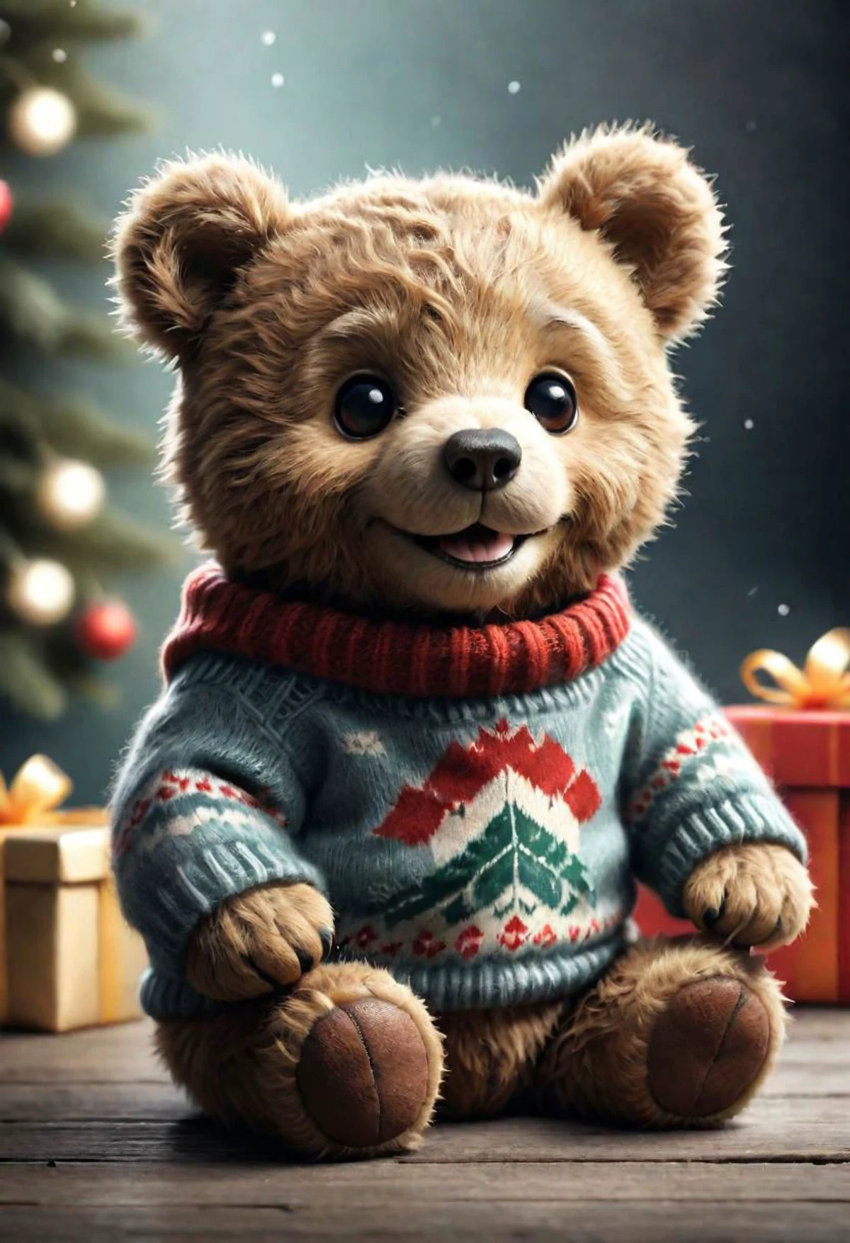 The smiling Teddy bear with a sweater is happy to receive a gift