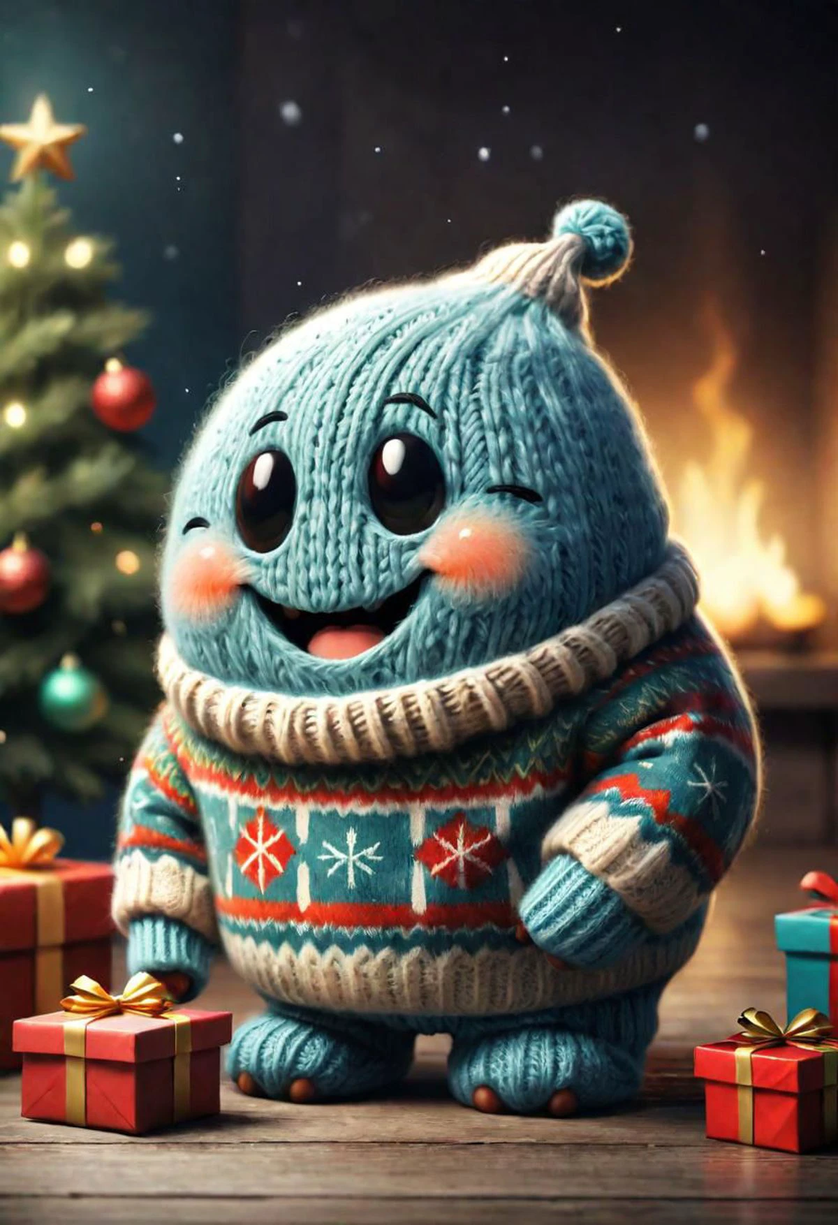 The little smiling blob with a sweater is happy to receive a gift