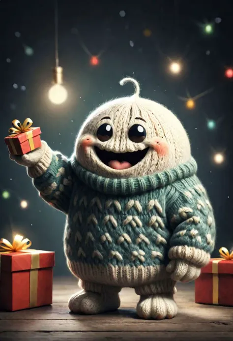 The little smiling blob with a sweater is happy to receive a gift