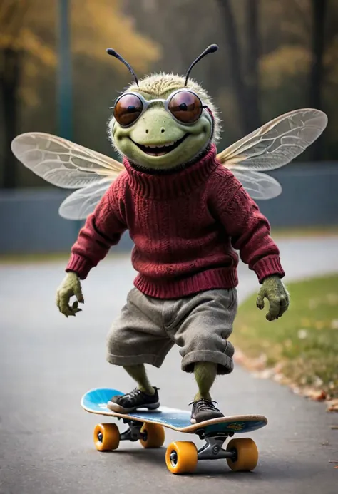 The little smiling Fly with a sweater is happy to play with skateboard