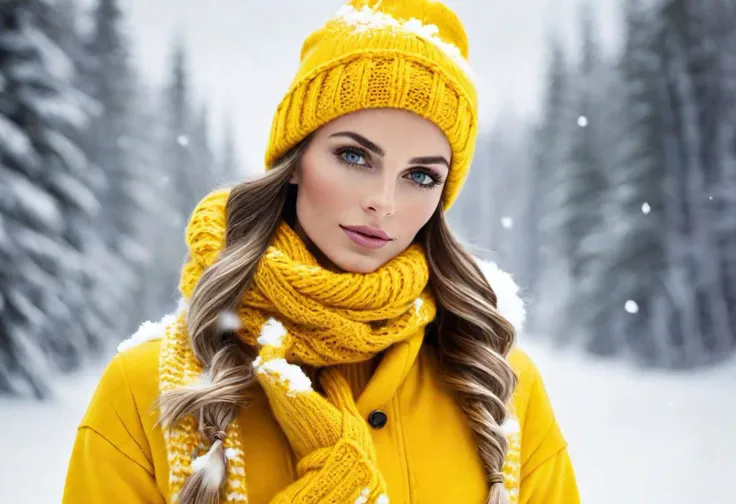 "Craft an image featuring a stunning woman in vibrant yellow, embodying the essence of winter for the Yellow Team. Envision a scene where she is elegantly adorned in winter attire, surrounded by snowy landscapes and icy accents. Illuminate the beauty of the season and showcase the Yellow Team's vibrant spirit against the winter backdrop."