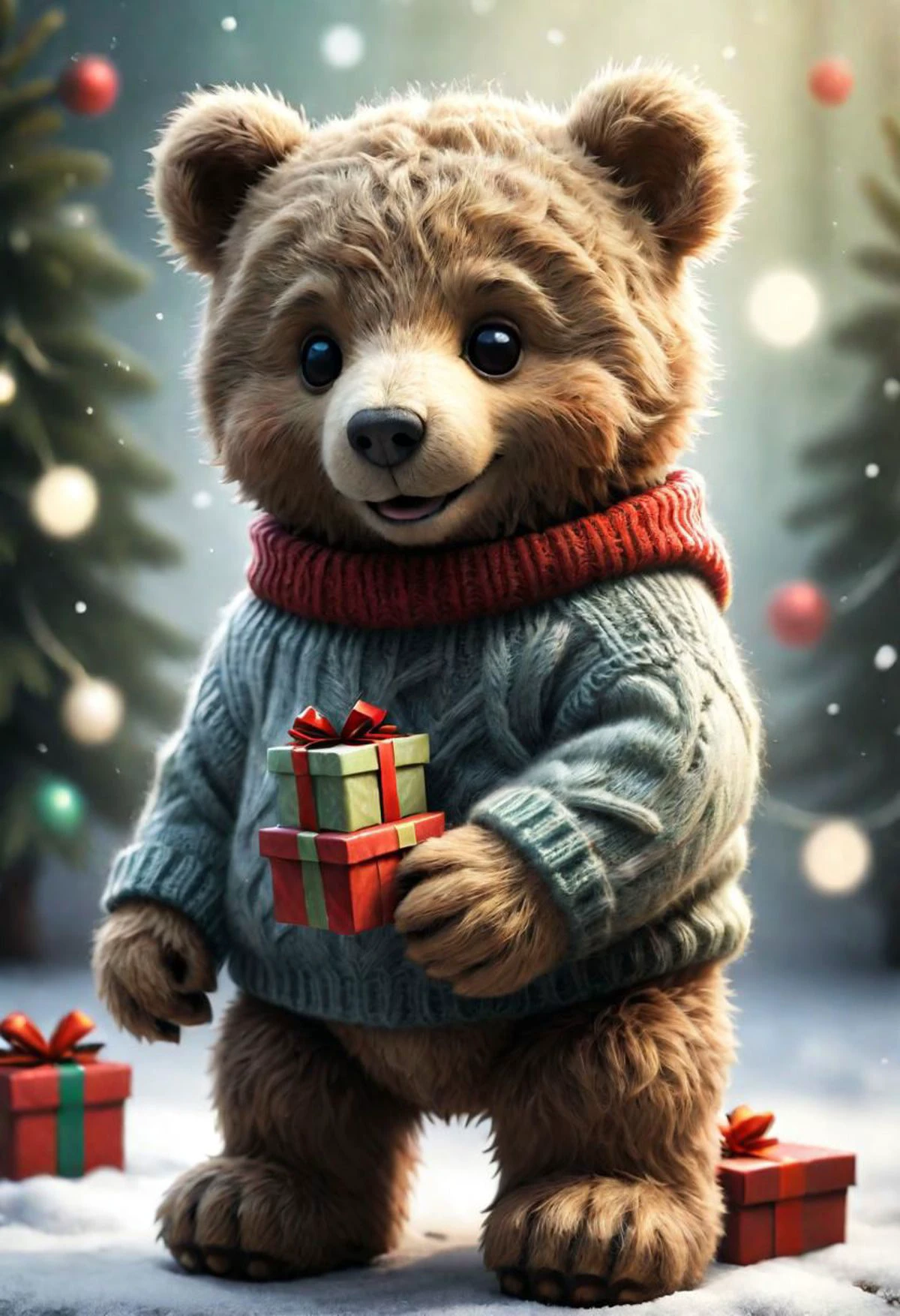 The smiling Teddy bear with a sweater is happy to receive a gift