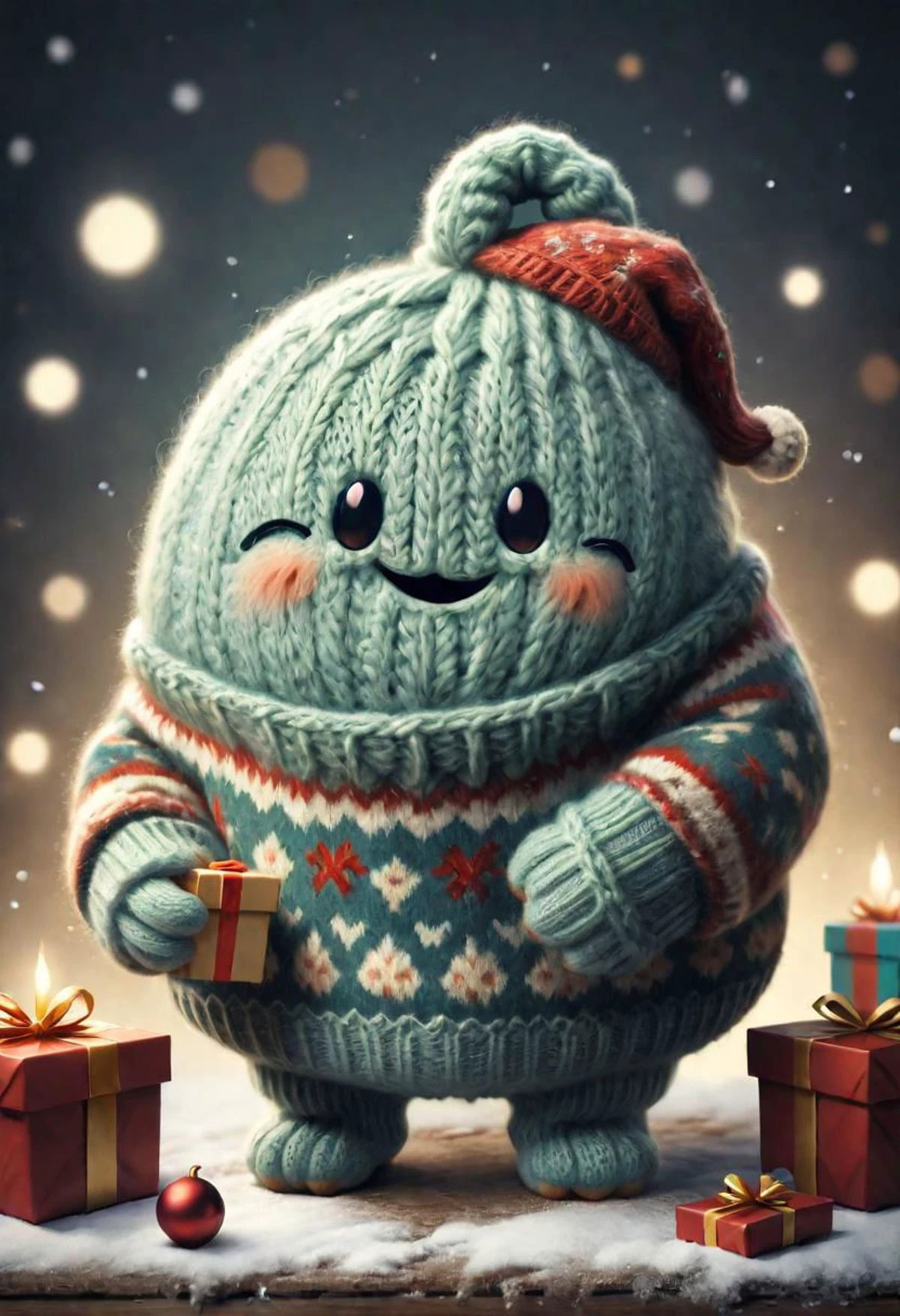 The little smiling blob with a sweater is happy to receive a gift