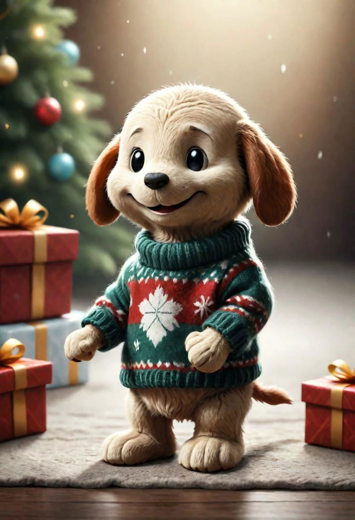 The little smiling Peanuts with a sweater is happy to receive a gift