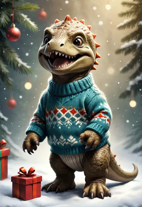 The little smiling t-rex with a sweater is happy to receive a gift