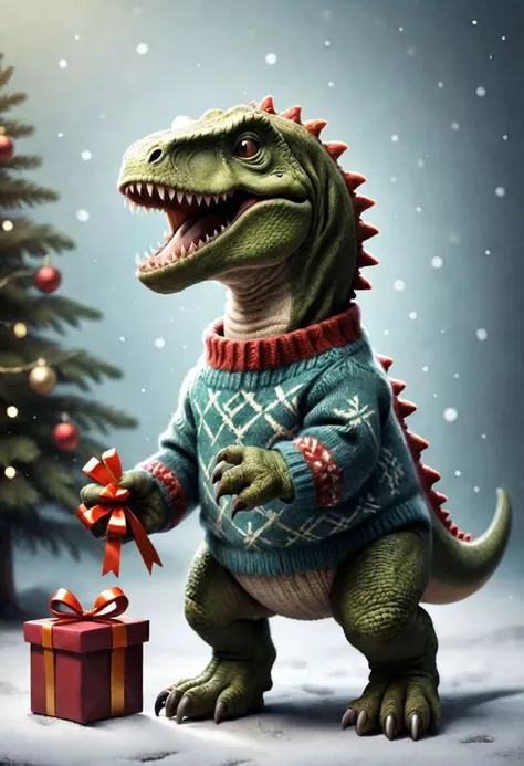 The little smiling t-rex with a sweater is happy to receive a gift