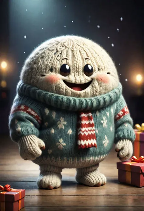 The little smiling blob with a sweater is happy to receive a gift