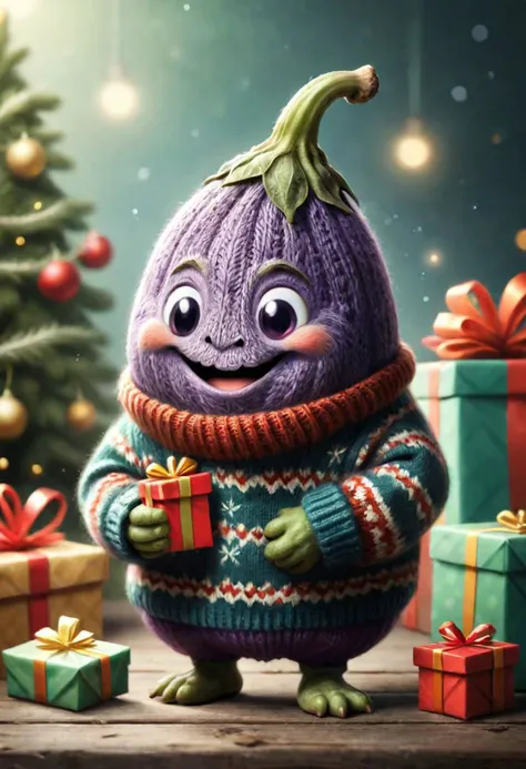 The little smiling eggplant with a sweater is happy to receive a gift