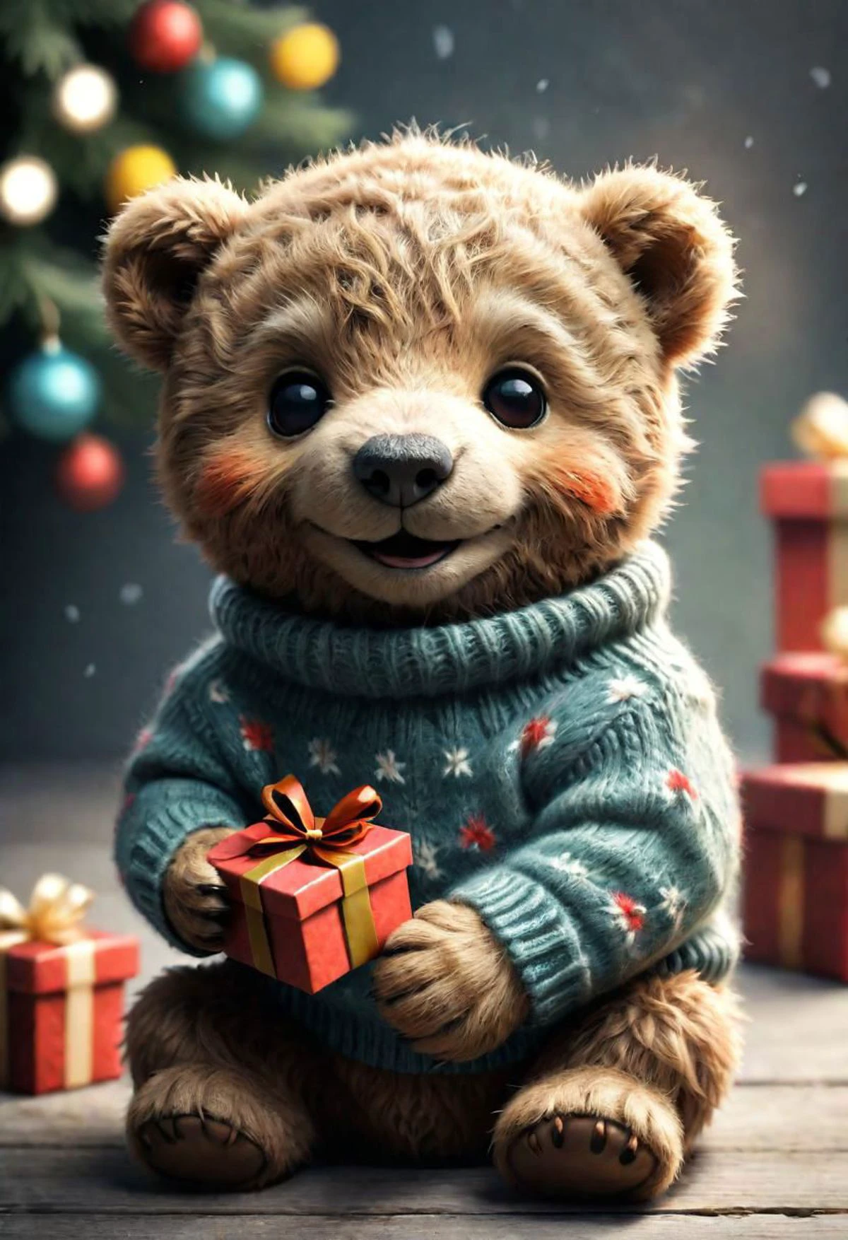 The smiling Teddy bear with a sweater is happy to receive a gift