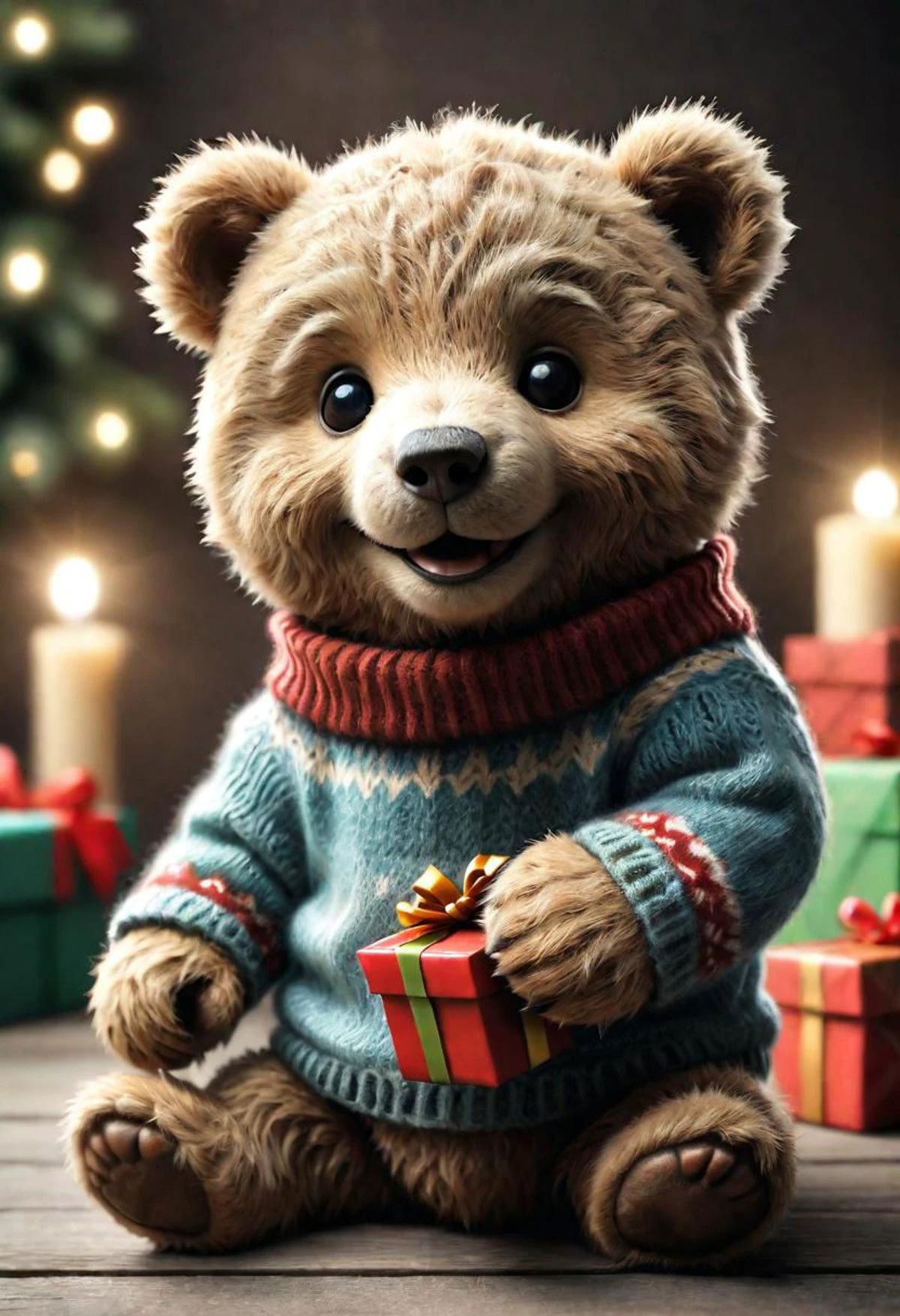 The smiling Teddy bear with a sweater is happy to receive a gift