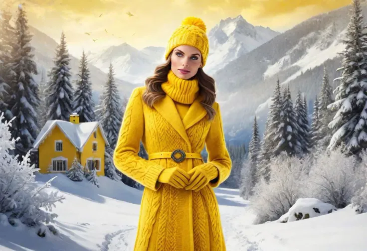 "Craft an image featuring a stunning woman in vibrant yellow, embodying the essence of winter for the Yellow Team. Envision a scene where she is elegantly adorned in winter attire, surrounded by snowy landscapes and icy accents. Illuminate the beauty of the season and showcase the Yellow Team's vibrant spirit against the winter backdrop."