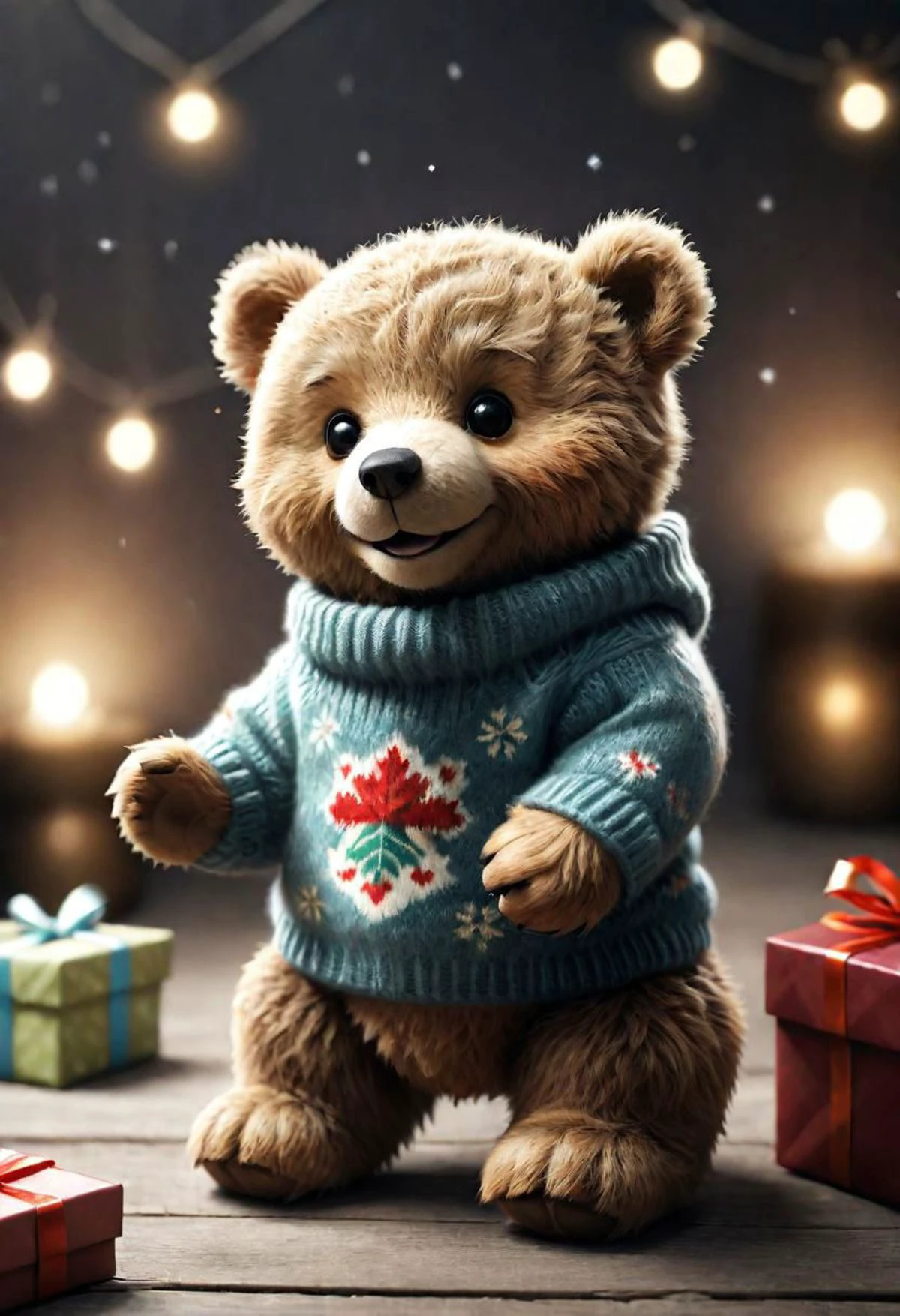 The little smiling Teddy bear with a sweater is happy to receive a gift