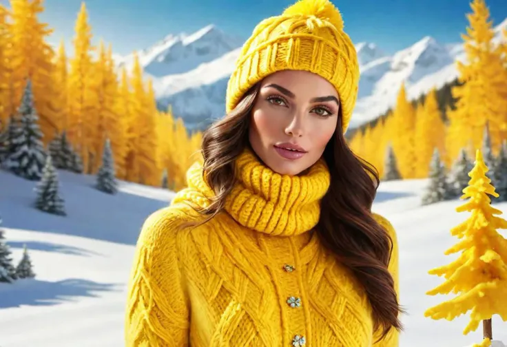 "Craft an image featuring a stunning woman in vibrant yellow, embodying the essence of winter for the Yellow Team. Envision a scene where she is elegantly adorned in winter attire, surrounded by snowy landscapes and icy accents. Illuminate the beauty of the season and showcase the Yellow Team's vibrant spirit against the winter backdrop."