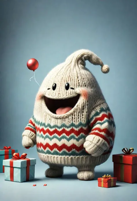 The little smiling blob with a sweater is happy to receive a gift