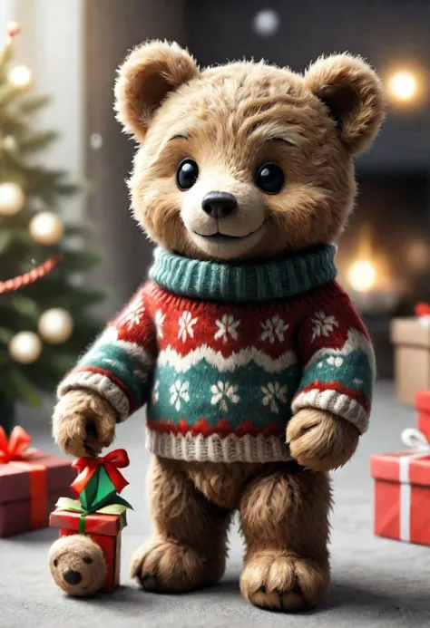 The  smiling Teddy bear with a sweater is happy to receive a gift