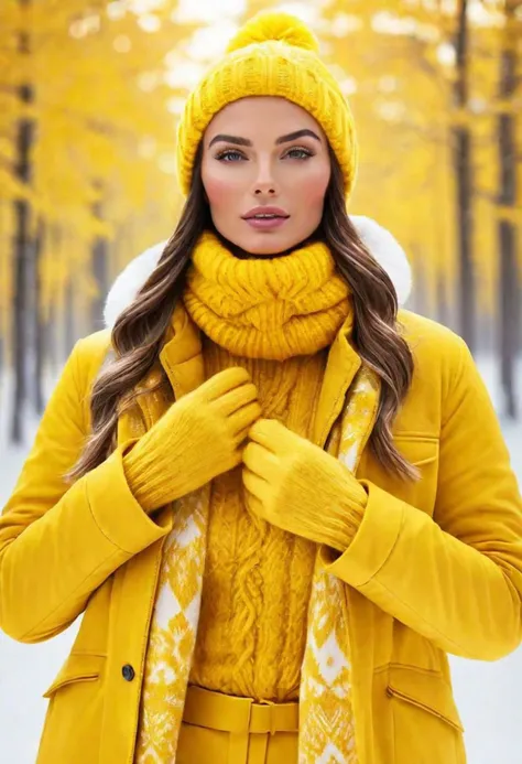 "Craft an image featuring a stunning woman in vibrant yellow, embodying the essence of winter for the Yellow Team. Envision a scene where she is elegantly adorned in winter attire, surrounded by snowy landscapes and icy accents. Illuminate the beauty of the season and showcase the Yellow Team's vibrant spirit against the winter backdrop."