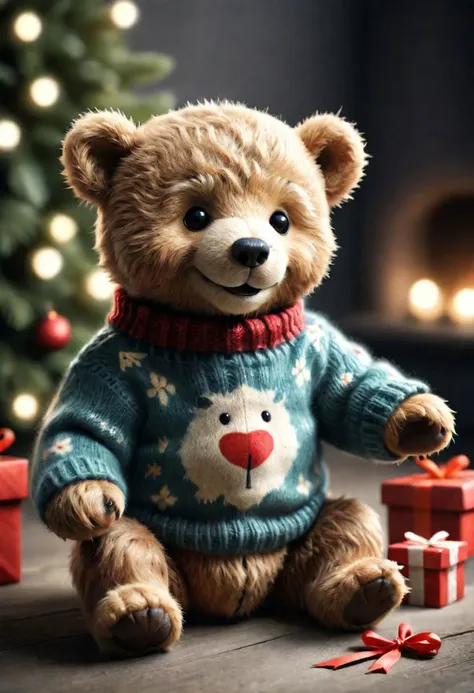 The little smiling Teddy bear with a sweater is happy to receive a gift