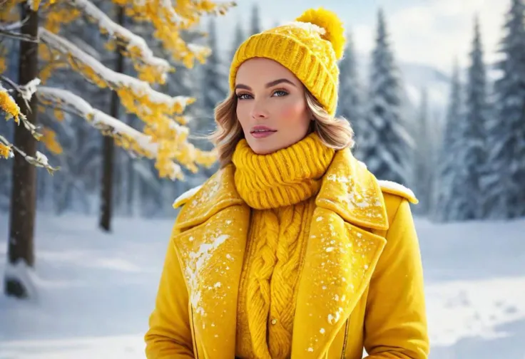 "Craft an image featuring a stunning woman in vibrant yellow, embodying the essence of winter for the Yellow Team. Envision a scene where she is elegantly adorned in winter attire, surrounded by snowy landscapes and icy accents. Illuminate the beauty of the season and showcase the Yellow Team's vibrant spirit against the winter backdrop."