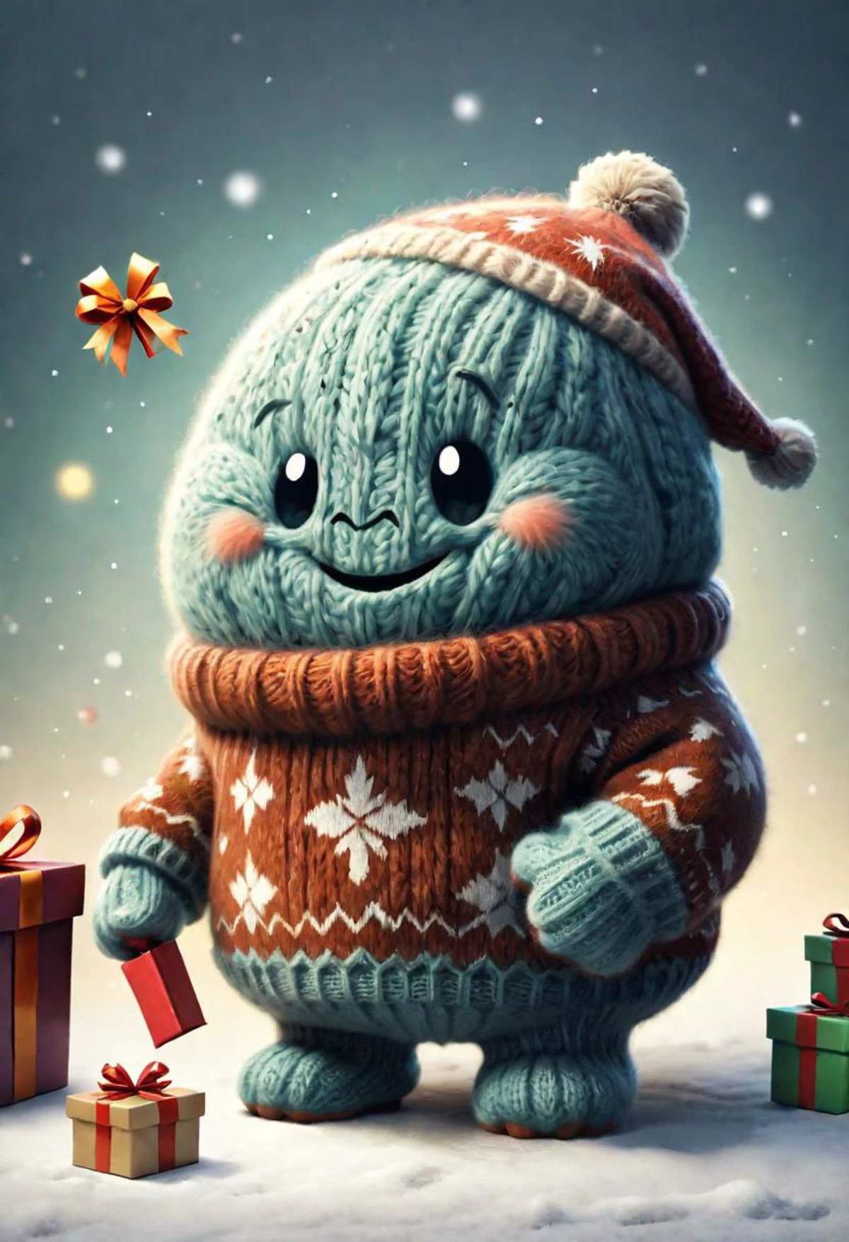 The little smiling blob with a sweater is happy to receive a gift