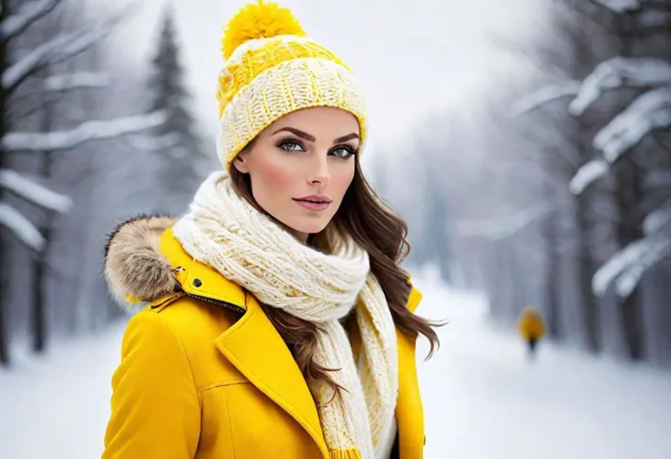 "Craft an image featuring a stunning woman in vibrant yellow, embodying the essence of winter for the Yellow Team. Envision a scene where she is elegantly adorned in winter attire, surrounded by snowy landscapes and icy accents. Illuminate the beauty of the season and showcase the Yellow Team's vibrant spirit against the winter backdrop."