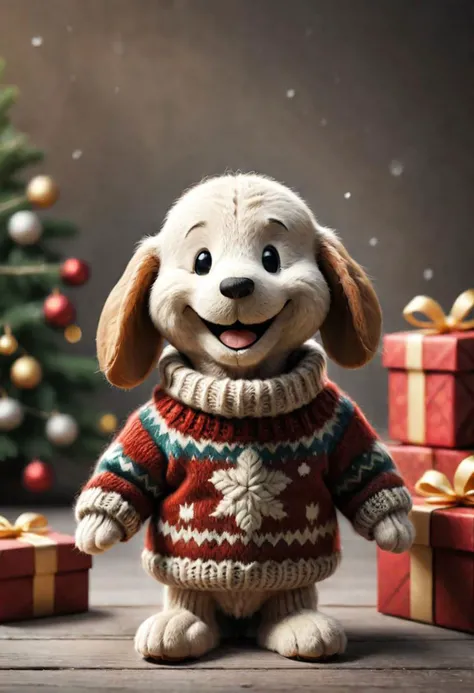 The little smiling Peanuts with a sweater is happy to receive a gift