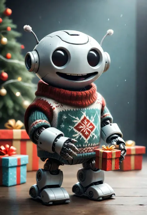 The little smiling robot with a sweater is happy to receive a gift