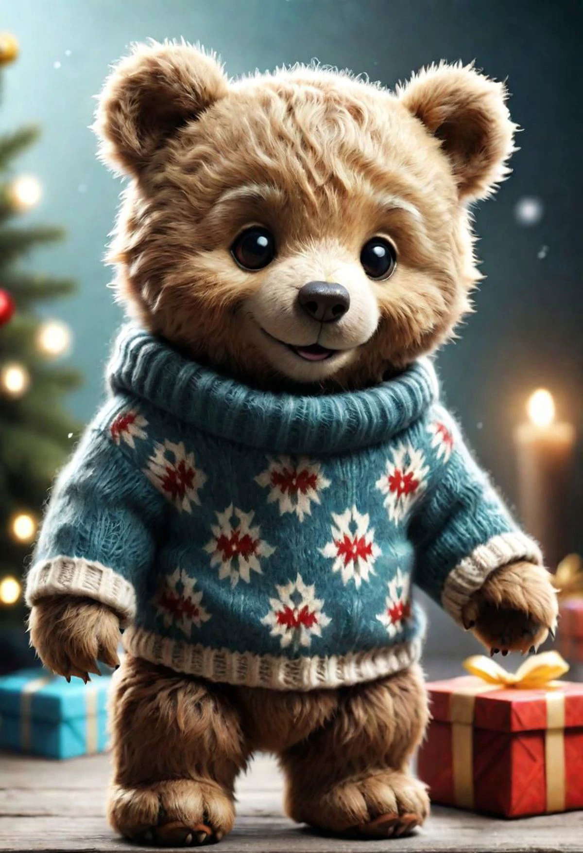 The smiling Teddy bear with a sweater is happy to receive a gift