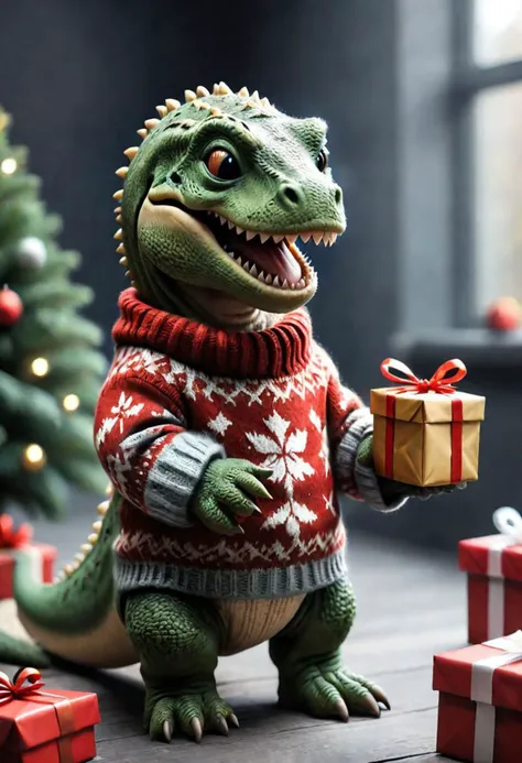 The little smiling t-rex with a sweater is happy to receive a gift