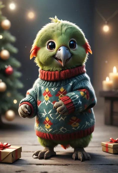 The little smiling parot with a sweater is happy to receive a gift