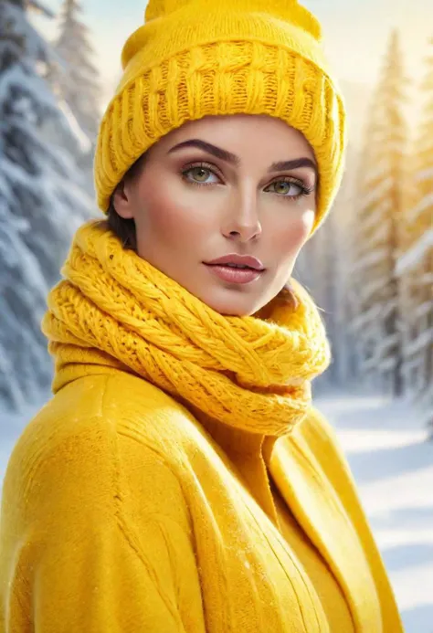 "Craft an image featuring a stunning woman in vibrant yellow, embodying the essence of winter for the Yellow Team. Envision a scene where she is elegantly adorned in winter attire, surrounded by snowy landscapes and icy accents. Illuminate the beauty of the season and showcase the Yellow Team's vibrant spirit against the winter backdrop."