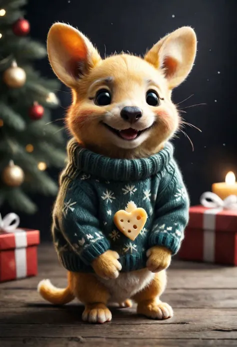 The little smiling cheese musk with a sweater is happy to receive a gift