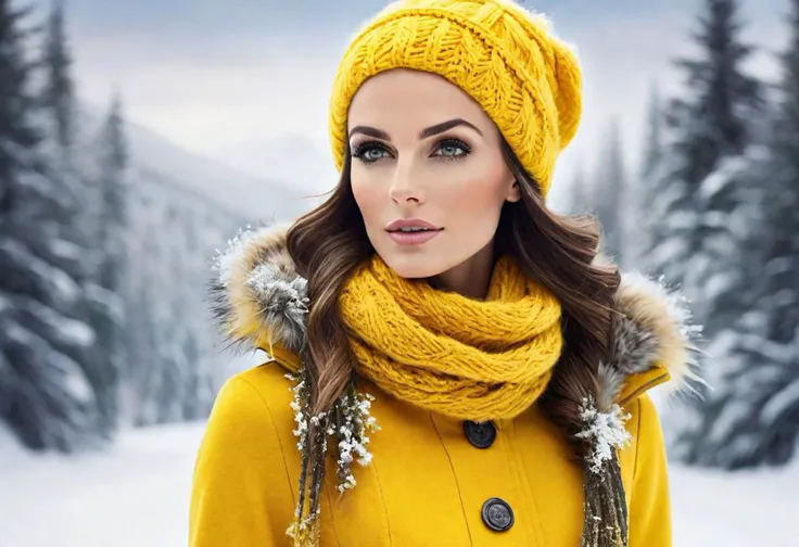 "Craft an image featuring a stunning woman in vibrant yellow, embodying the essence of winter for the Yellow Team. Envision a scene where she is elegantly adorned in winter attire, surrounded by snowy landscapes and icy accents. Illuminate the beauty of the season and showcase the Yellow Team's vibrant spirit against the winter backdrop."