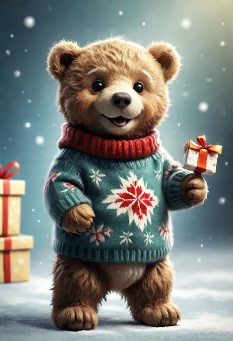 The little smiling Teddy bear with a sweater is happy to receive a gift