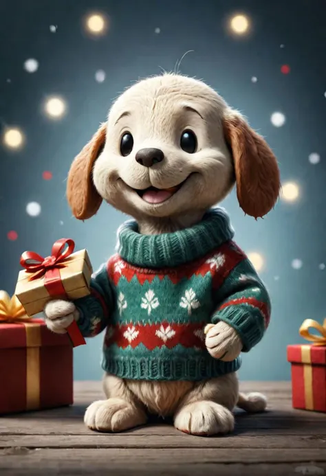 The little smiling Peanuts with a sweater is happy to receive a gift