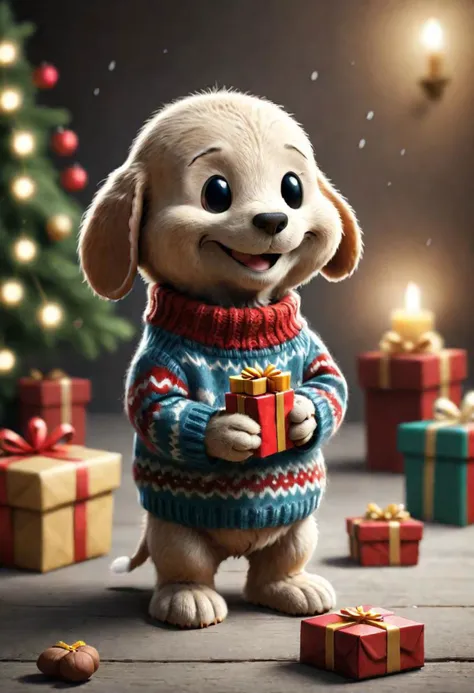 The little smiling Peanuts with a sweater is happy to receive a gift