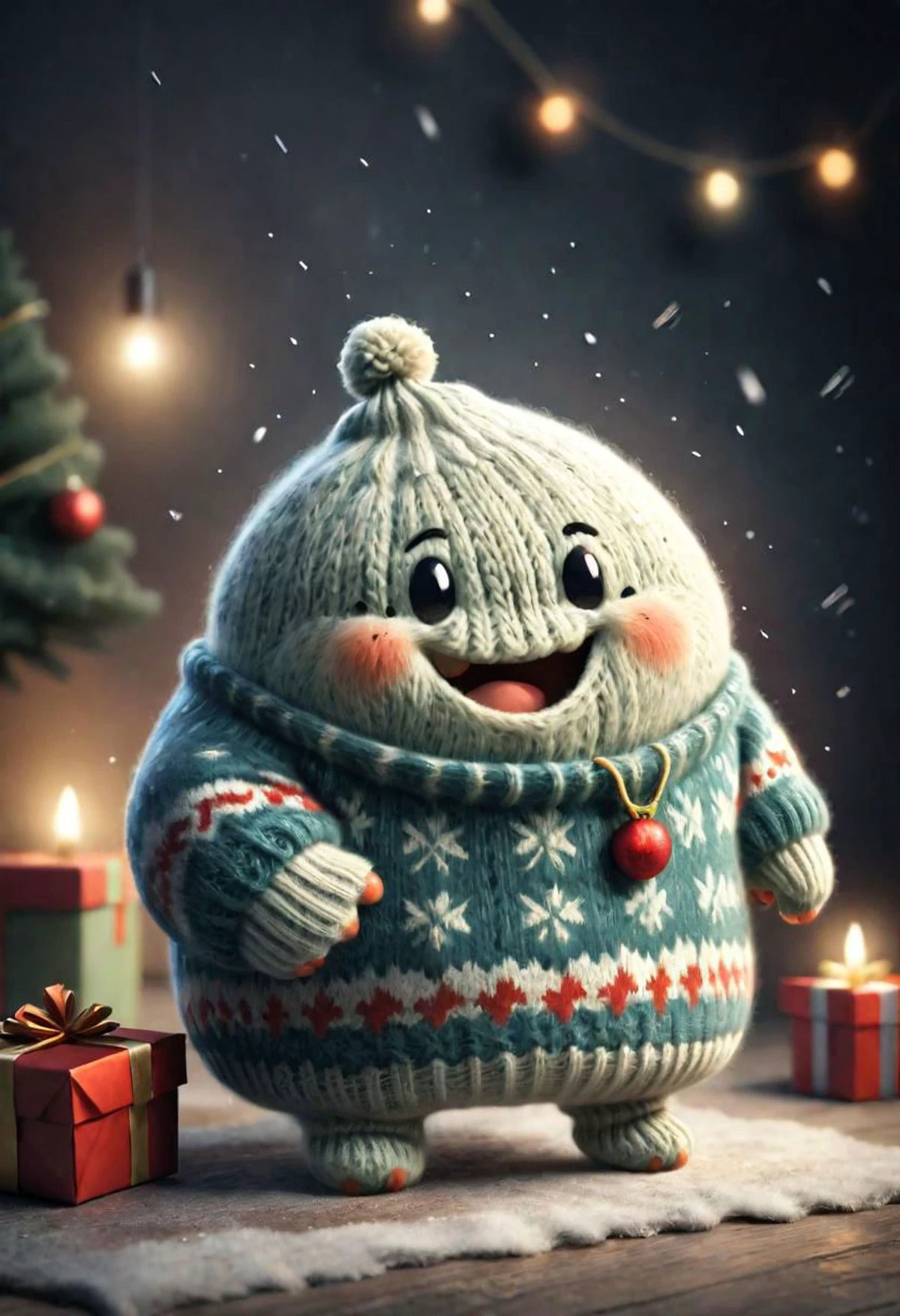The little smiling blob with a sweater is happy to receive a gift