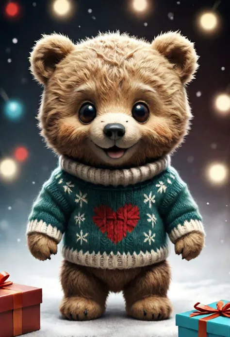 The little smiling Teddy bear with a sweater is happy to receive a gift