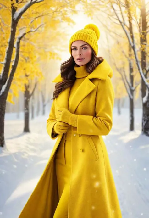 "Craft an image featuring a stunning woman in vibrant yellow, embodying the essence of winter for the Yellow Team. Envision a scene where she is elegantly adorned in winter attire, surrounded by snowy landscapes and icy accents. Illuminate the beauty of the season and showcase the Yellow Team's vibrant spirit against the winter backdrop."